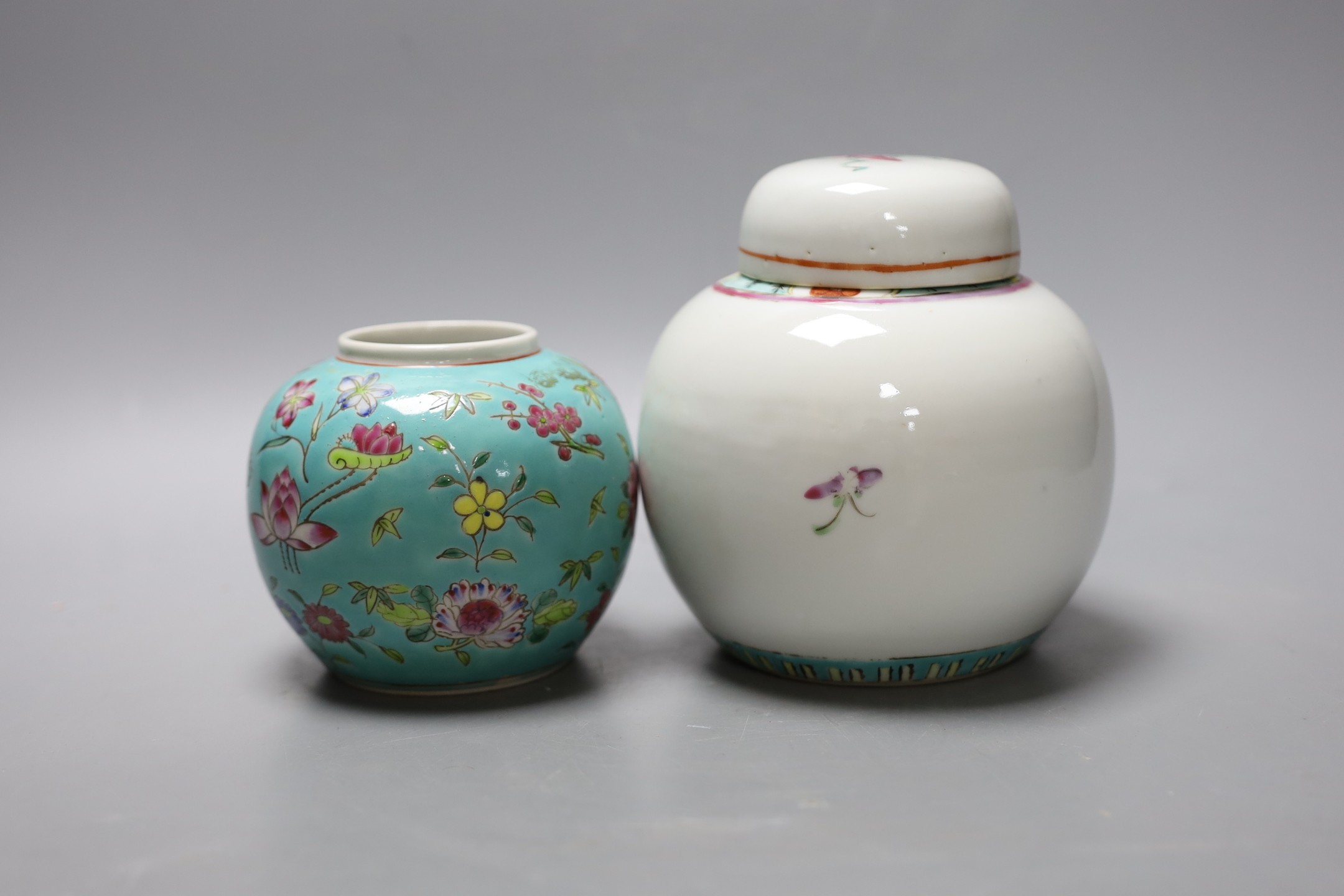 Two mid 20th century Chinese enamelled porcelain jars, tallest 14cm